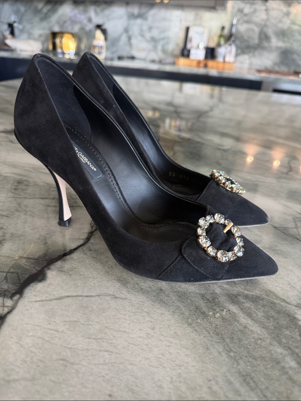 Dolce & Gabbana Black Suede Pointed-Toe Pumps with Crystal Buckles